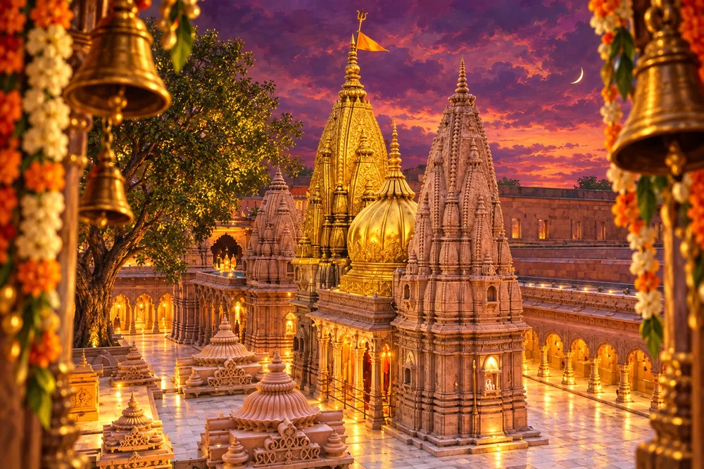 Painterly artistic interpretation of Shri Kashi Vishwanath Temple for a darshan journey, not a live view