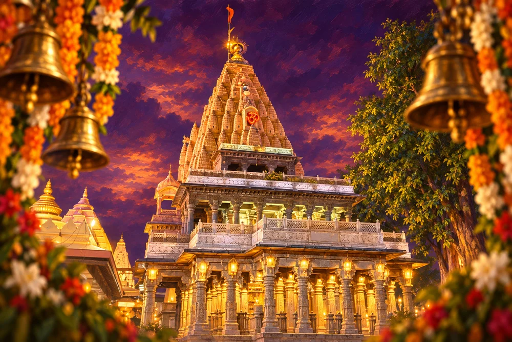 Painterly artistic interpretation of Mahakaleshwar Temple in Ujjain for a darshan journey, not a live view