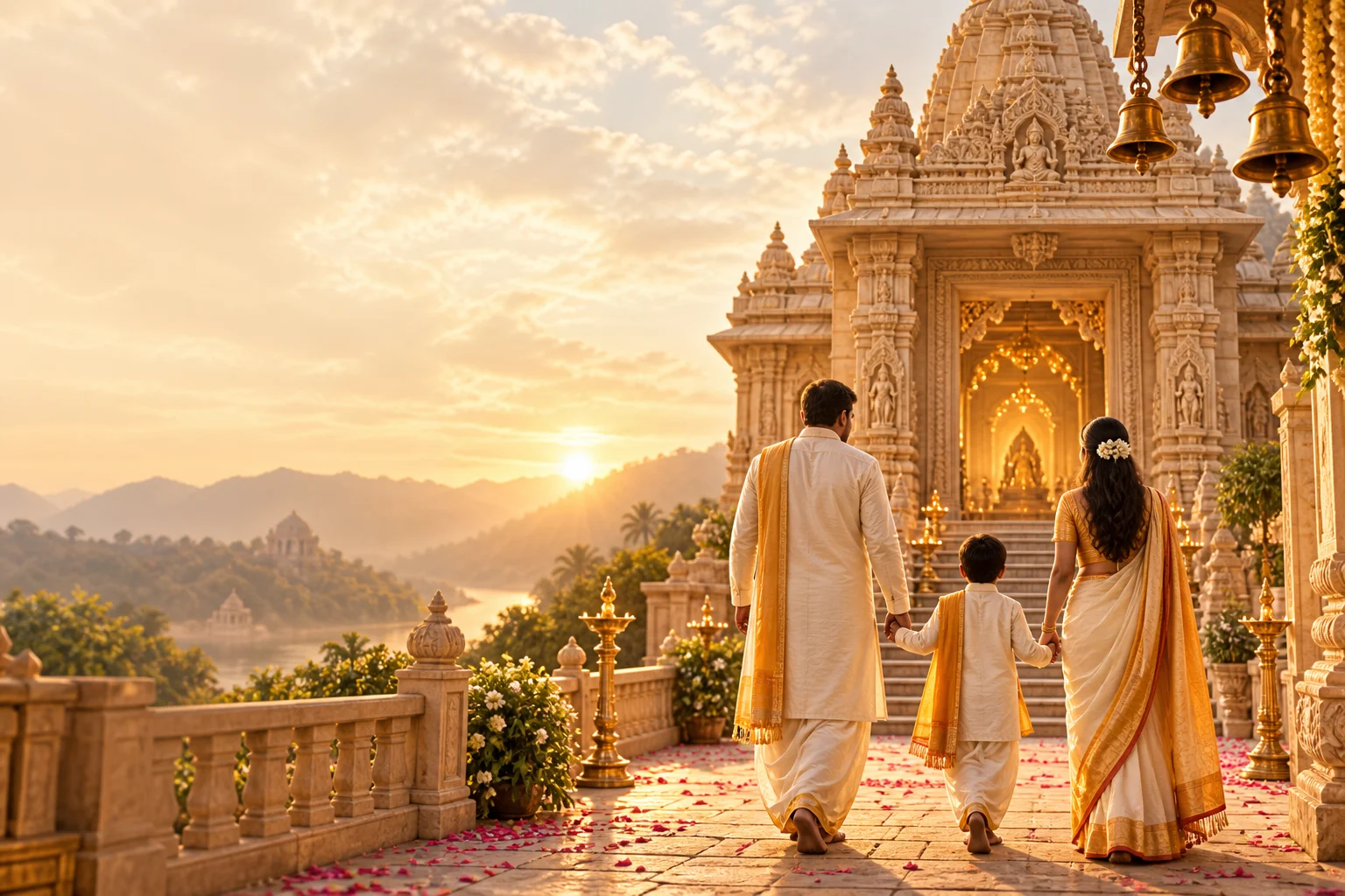 Original devotional artwork of a family approaching a temple at dawn