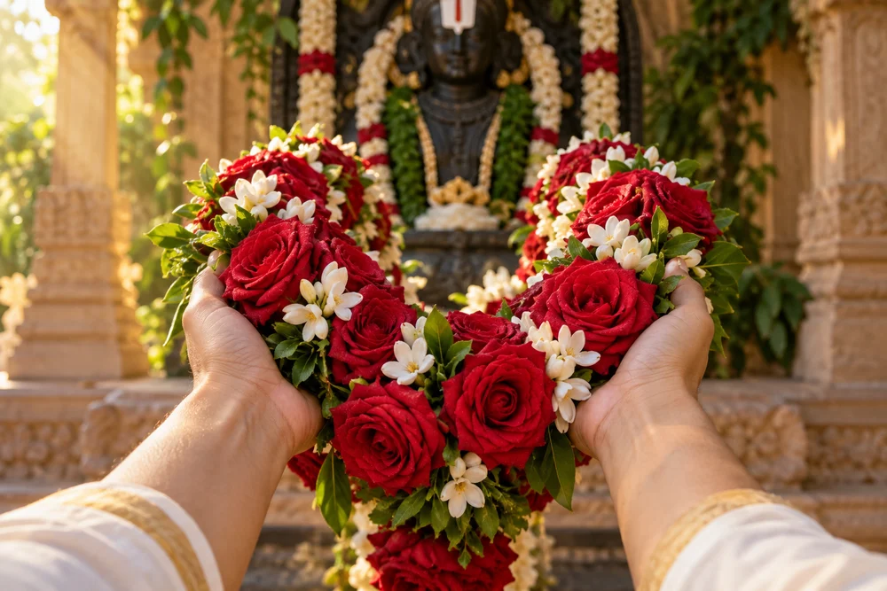Original devotional artwork of hands offering a rose garland