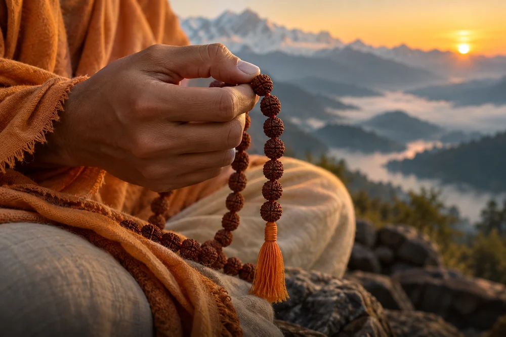 Original devotional artwork of a hand holding rudraksha beads during mantra recitation