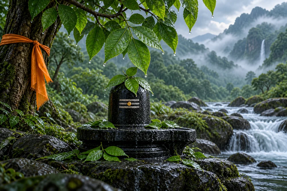 Original devotional artwork of monsoon bilva leaves beside a small Shiva lingam
