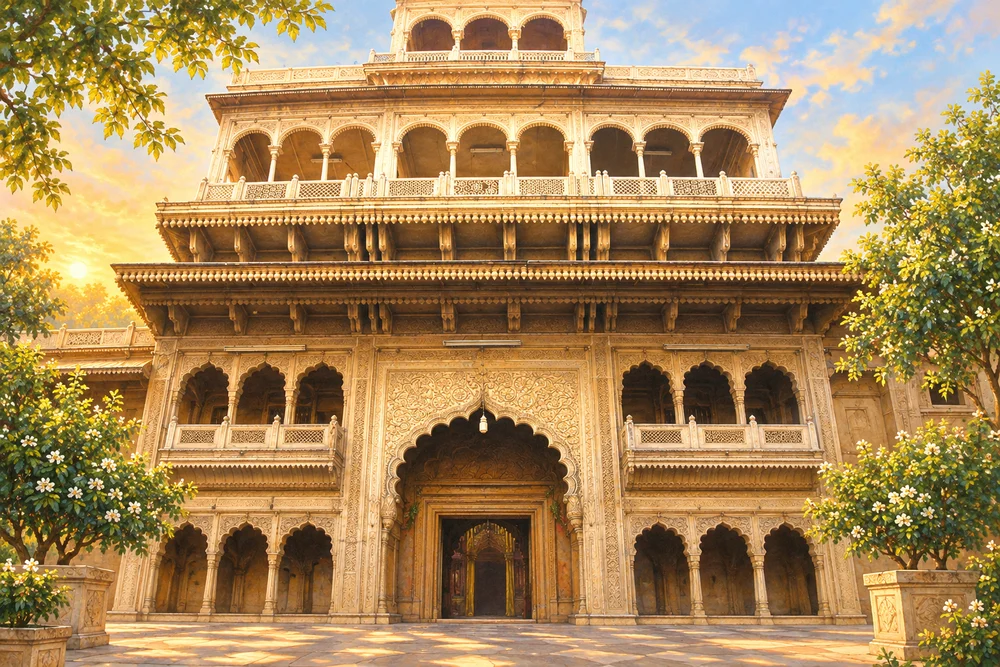 Original artistic interpretation of Banke Bihari temple architecture, not a documentary photograph