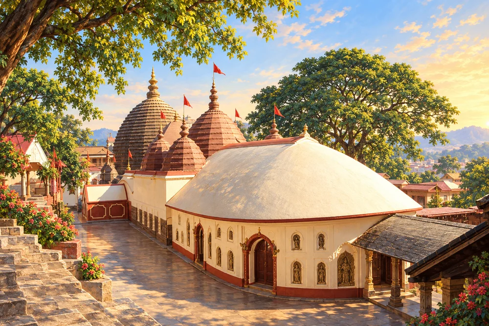 Original artistic interpretation of Maa Kamakhya temple architecture, not a documentary photograph