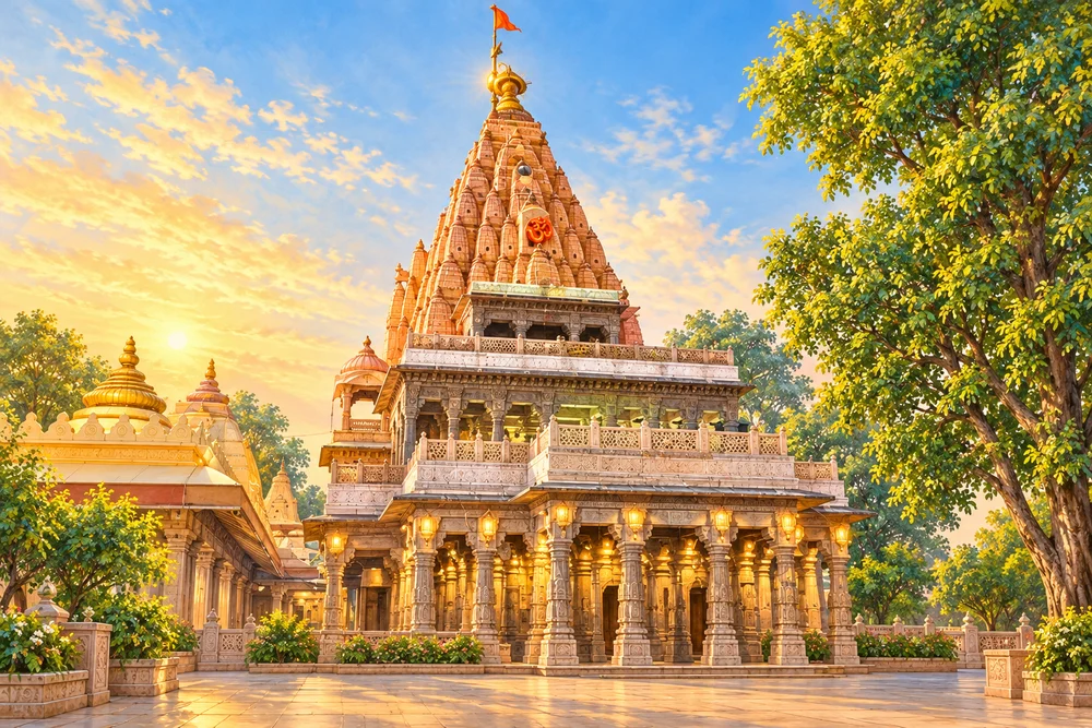 Original artistic interpretation of Mahakaleshwar temple architecture, not a documentary photograph