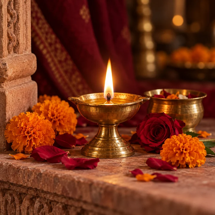 Illustrative brass diya with flowers